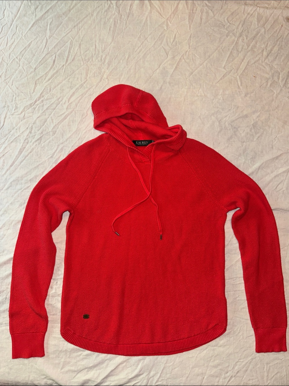 Lauren Ralph Lauren Thermal Waffle Knit Hoodie Coral Red Medium
